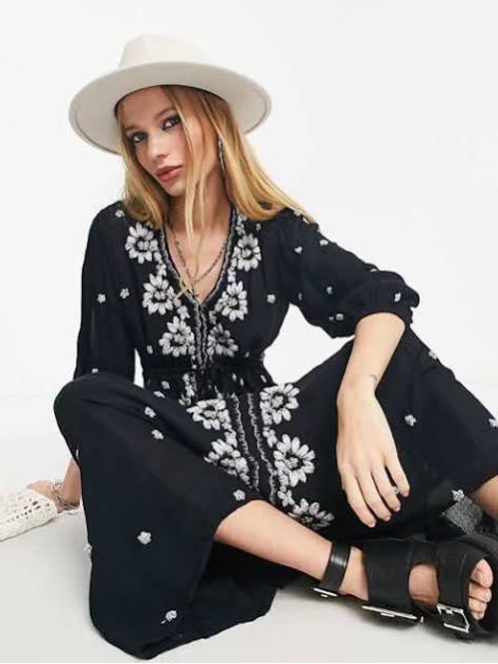 Free People Embroidered floral Black Midi Dress with White Floral Embroidery - Picture 3 of 4